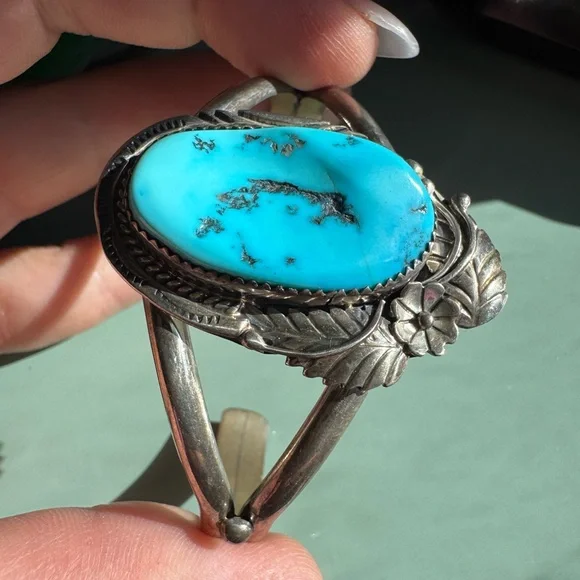 Vintage Navajo Signed MB Sterling Silver and Turquoise cuff Bracelet